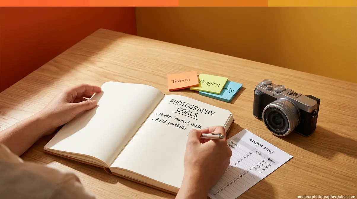 Beginner photographer planning their digital camera needs and budget at a desk with notes