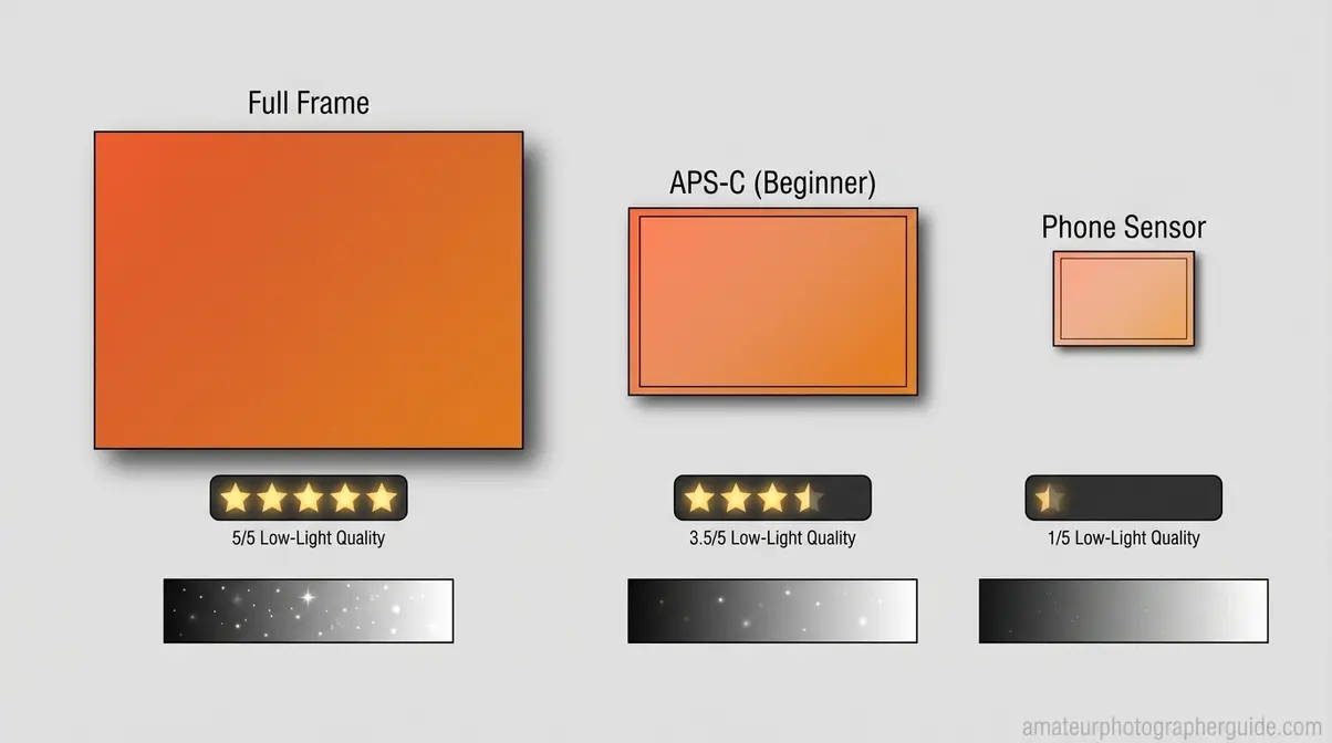 Sensor size comparison diagram showing full frame, APS-C, and phone sensor sizes drawn to scale