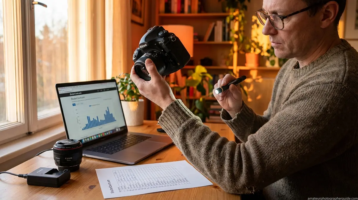 Buyer carefully inspecting a used digital camera before purchase with sensor check and shutter count website open
