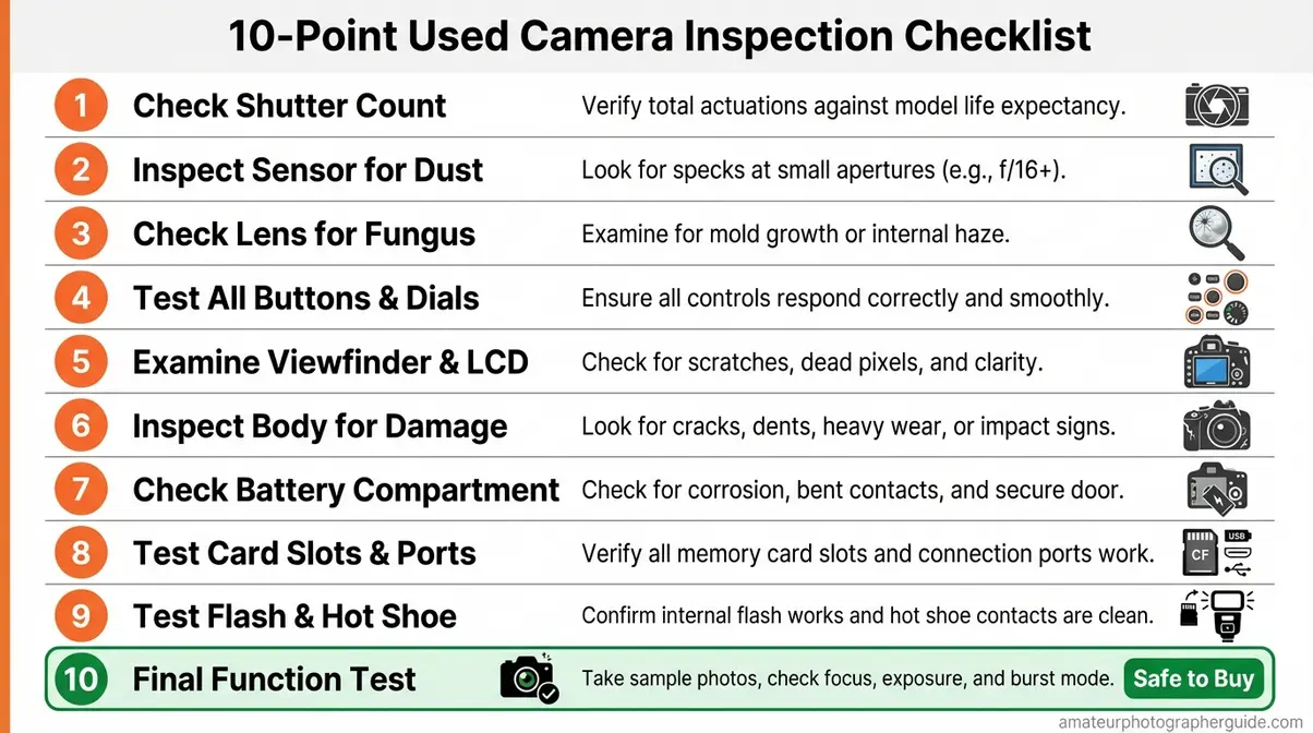 Checklist infographic showing 10 steps to safely inspect a used digital camera before buying