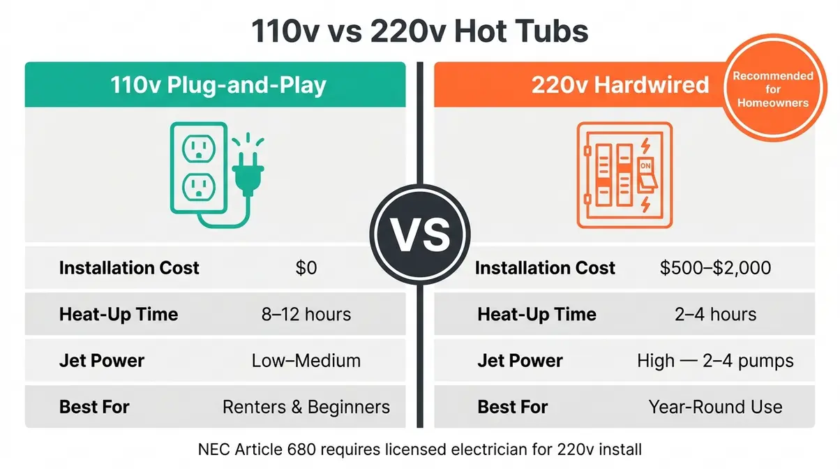 How to Buy a Hot Tub: Complete Beginner's Guide 2026 12 110v versus 220v hot tub comparison chart showing installation cost, heat time, jet power, and best use cases