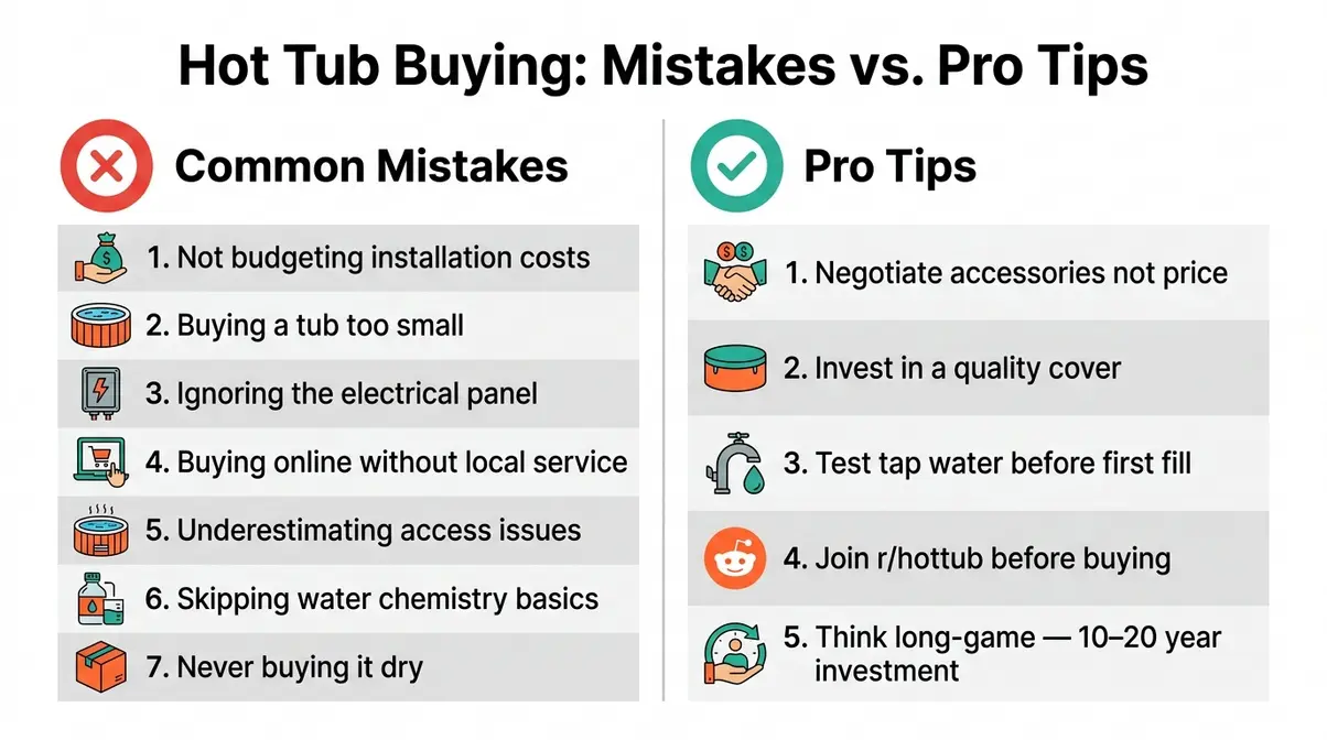How to Buy a Hot Tub: Complete Beginner's Guide 2026 16 Hot tub buying mistakes versus pro tips comparison chart for first-time buyers