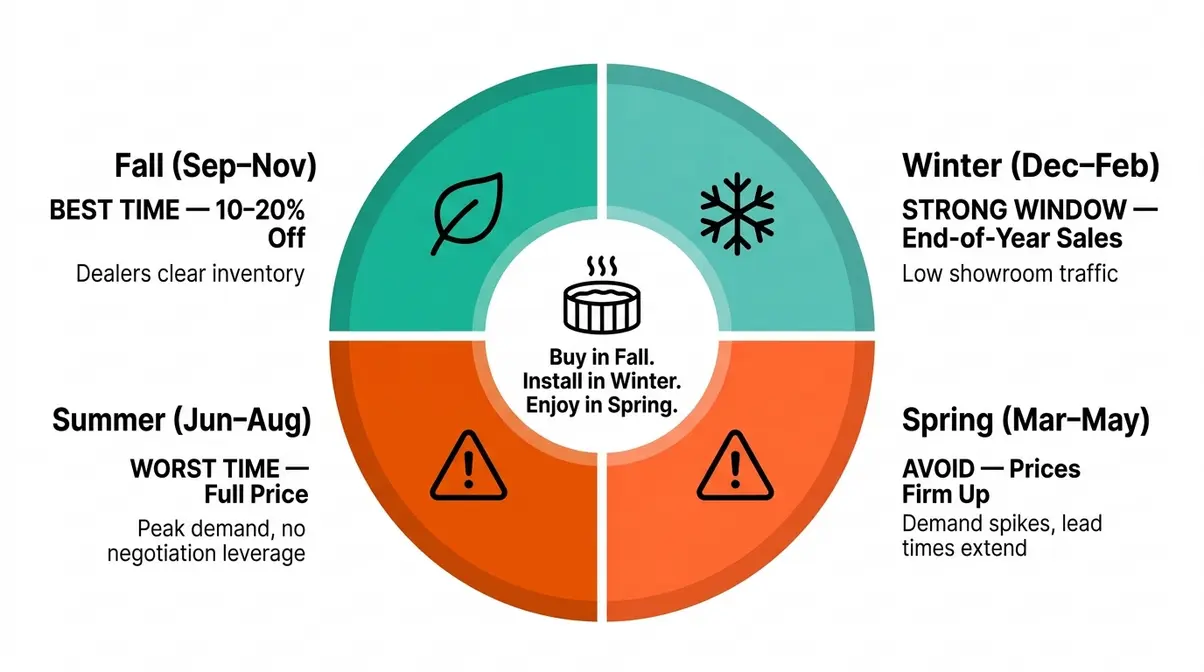 How to Buy a Hot Tub: Complete Beginner's Guide 2026 9 Hot tub buying season calendar showing fall and winter as best times with spring and summer to avoid