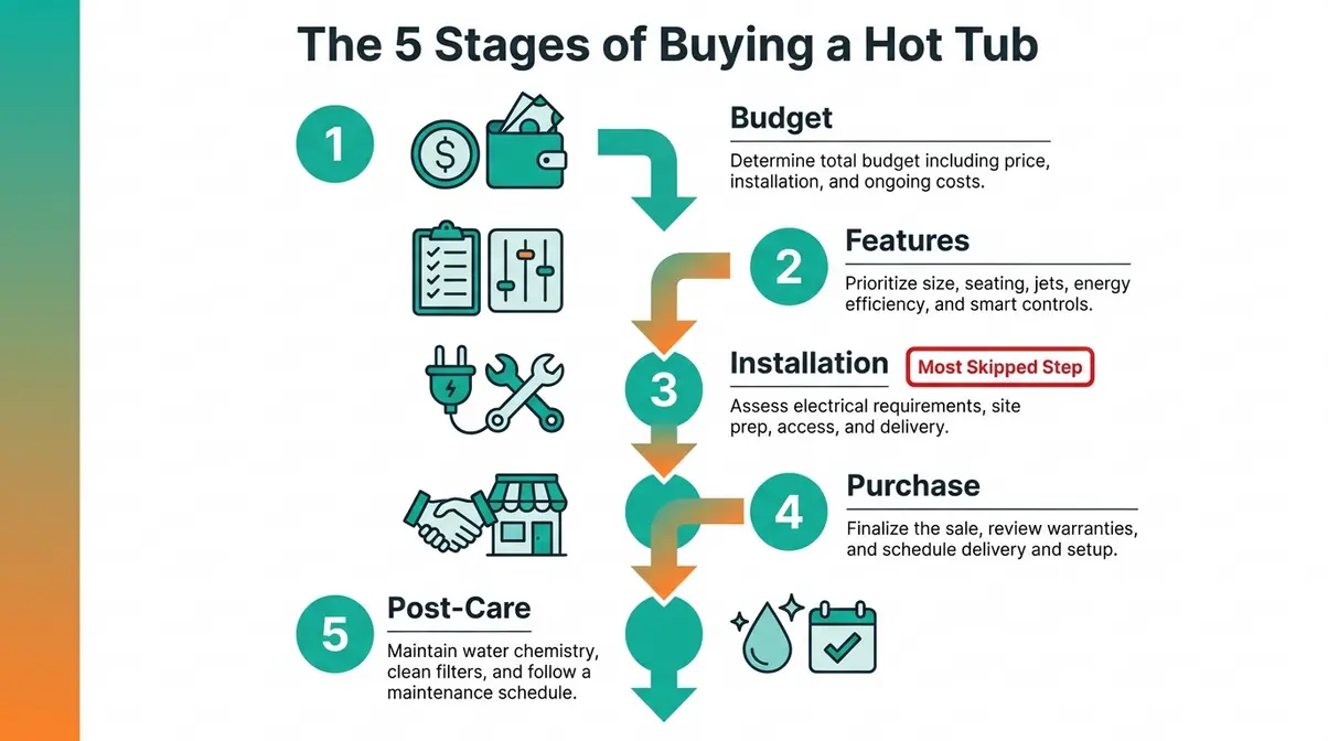 How to Buy a Hot Tub: Complete Beginner's Guide 2026 10 Five-stage hot tub buying process infographic: Budget, Features, Installation, Purchase, and Post-Care steps