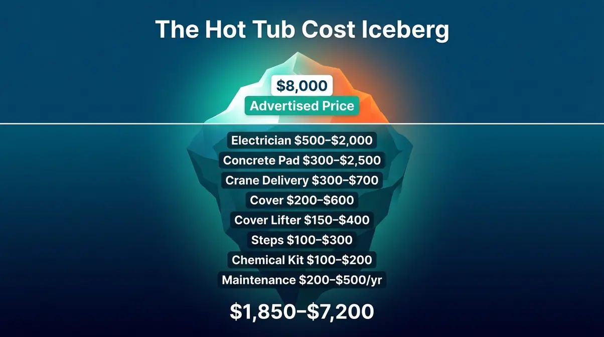 How to Buy a Hot Tub: Complete Beginner's Guide 2026 7 Hot tub cost iceberg infographic showing advertised price above waterline and hidden installation costs below