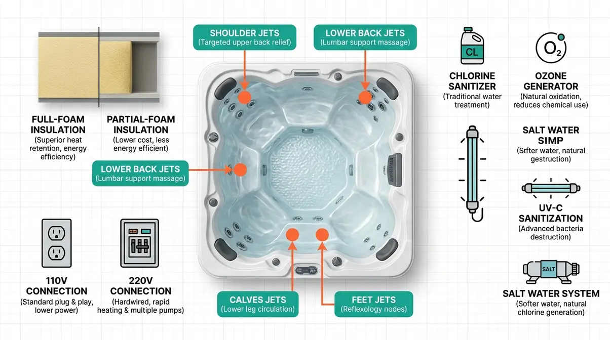 How to Buy a Hot Tub: Complete Beginner's Guide 2026 8 Hot tub features overview illustration showing jets, insulation types, voltage options, and water care systems