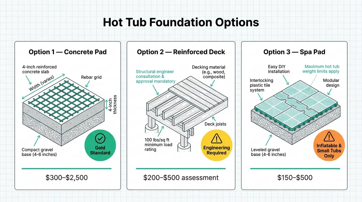 How to Buy a Hot Tub: Complete Beginner's Guide 2026 14 Diagram comparing concrete pad, reinforced deck, and spa pad hot tub foundation options with costs