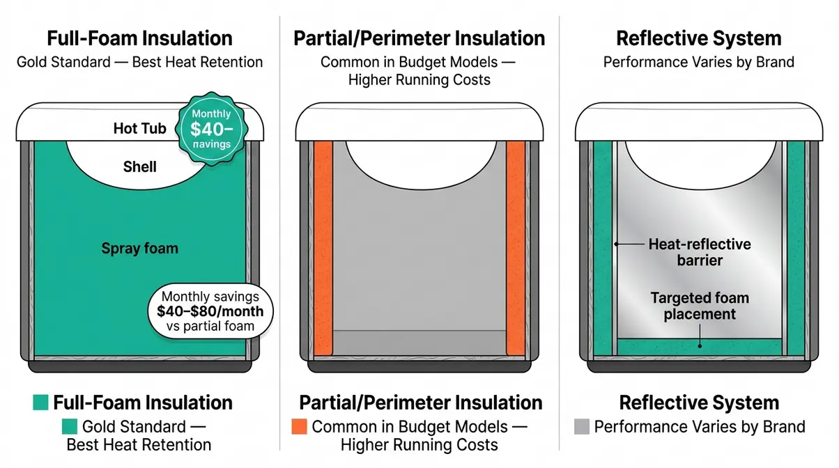 How to Buy a Hot Tub: Complete Beginner's Guide 2026 13 Hot tub insulation types comparison diagram showing full-foam, partial, and reflective systems with energy costs