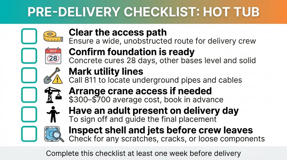 How to Buy a Hot Tub: Complete Beginner's Guide 2026 15 Hot tub pre-delivery preparation checklist infographic for first-time buyers covering six key steps