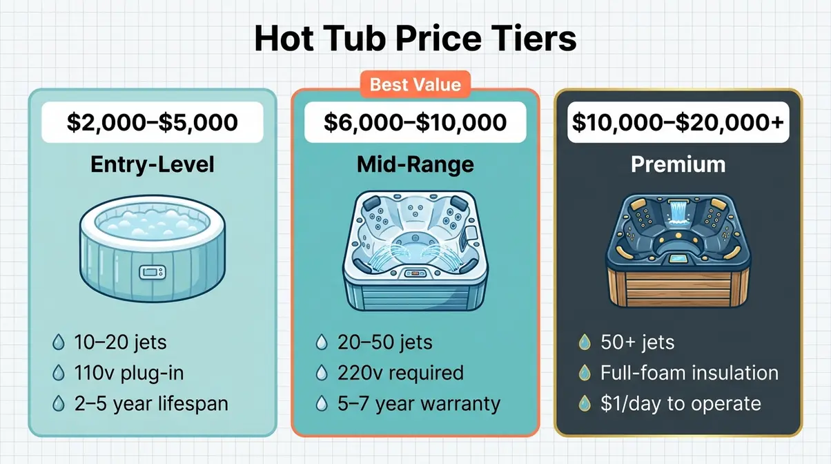 How to Buy a Hot Tub: Complete Beginner's Guide 2026 11 Hot tub price tier comparison infographic showing entry, mid-range, and premium options with features