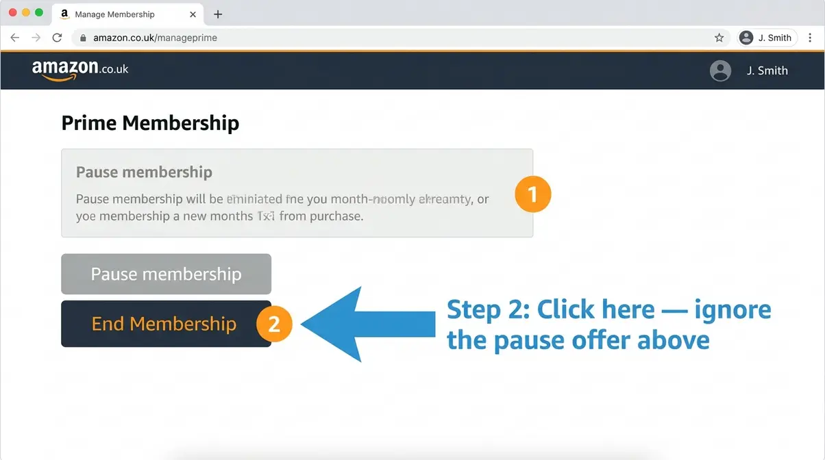 Amazon Prime UK cancellation page screenshot showing End Membership button and two-step confirmation