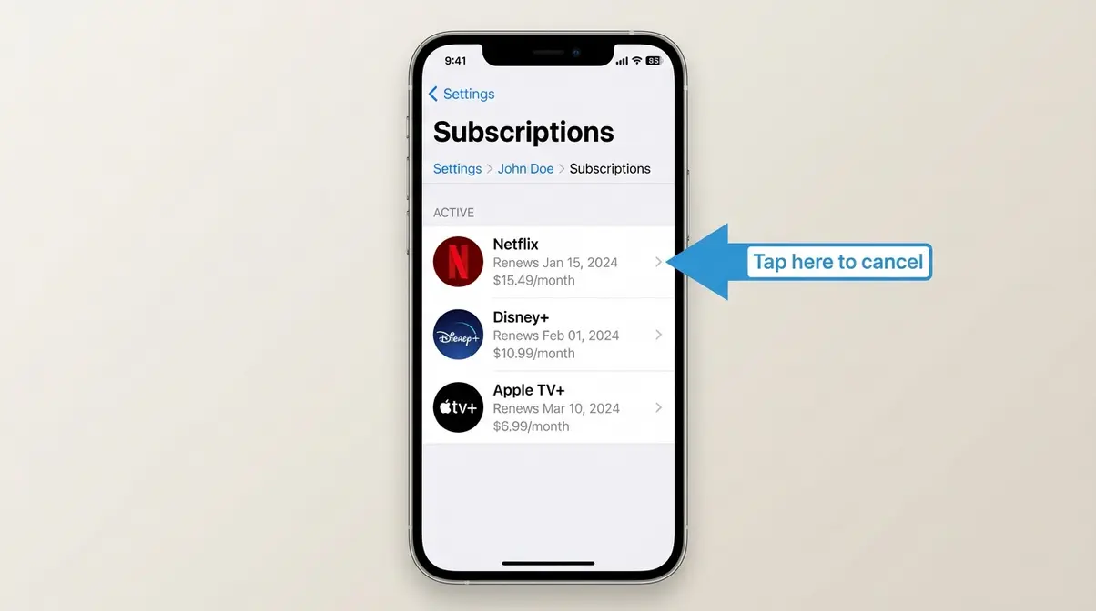 iPhone settings subscriptions screen showing how to cancel streaming services UK via Apple billing