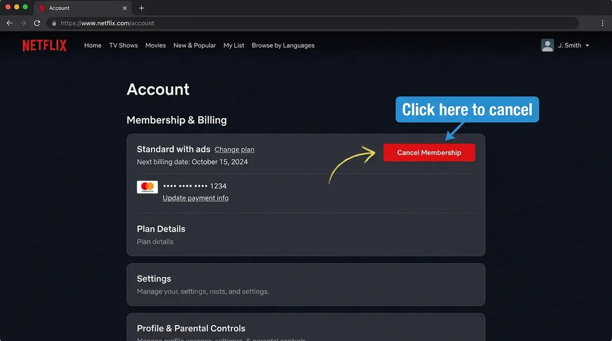 Netflix UK account page screenshot showing how to cancel streaming service UK via Cancel Membership button