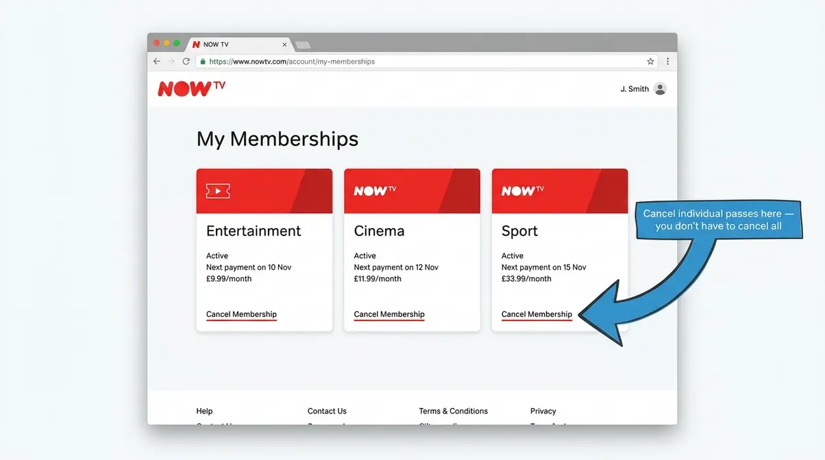 NOW TV UK membership cancellation screenshot showing individual pass cancel options in My Memberships