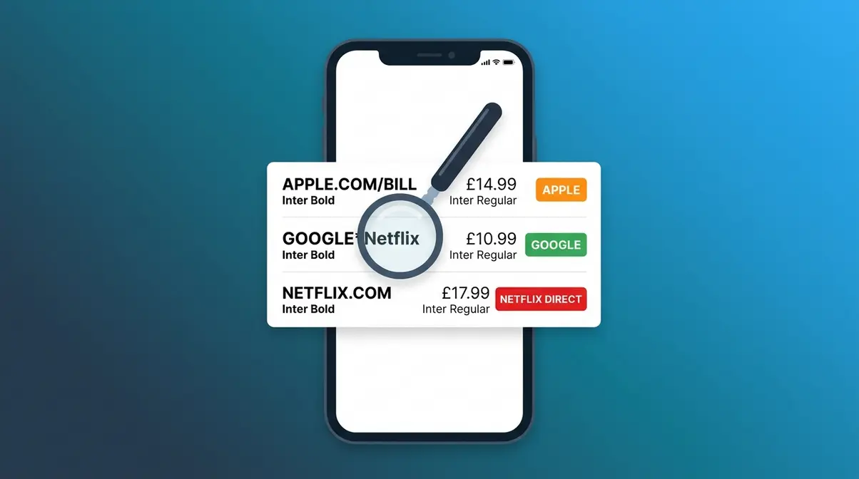 UK bank statement on smartphone showing different streaming service billing sources to check before cancelling