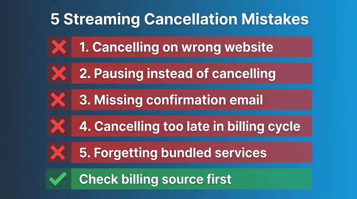 Five common UK streaming cancellation mistakes shown as a checklist to avoid when cancelling subscriptions