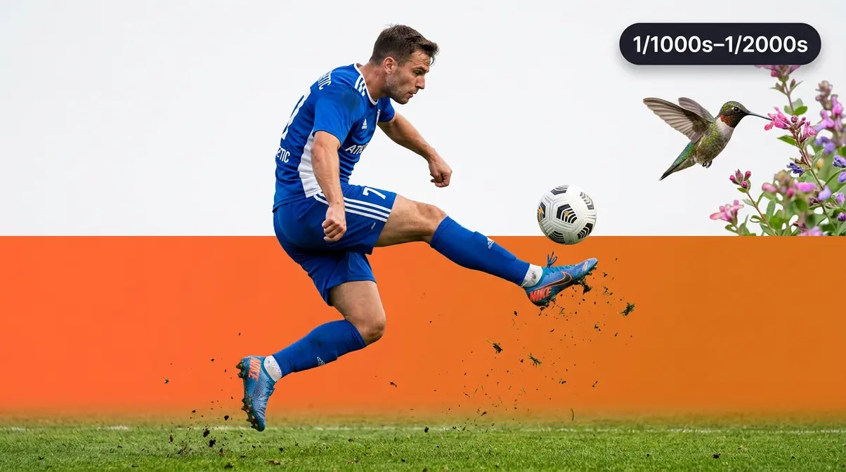 Frozen motion photography showing soccer player mid-kick and hummingbird hovering with sharp crisp detail