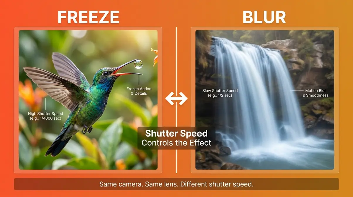 Side-by-side infographic showing how to capture motion photography: frozen bird in flight versus silky waterfall blur