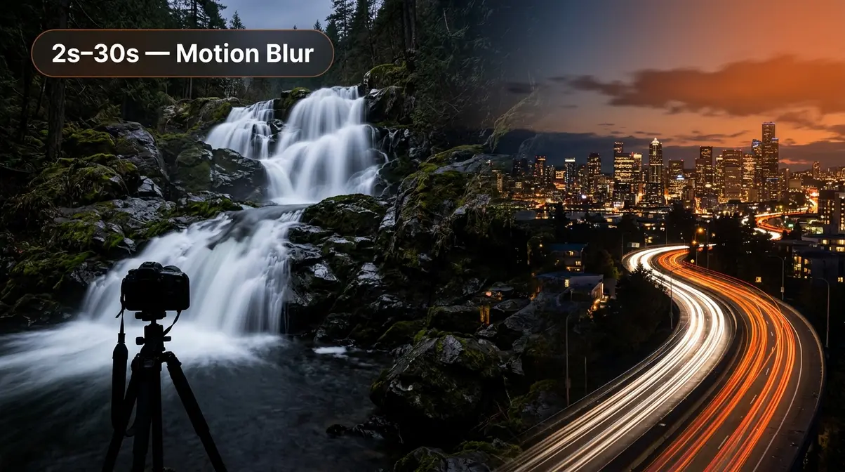 Intentional motion blur photography showing silky waterfall long exposure and city traffic light trails at night