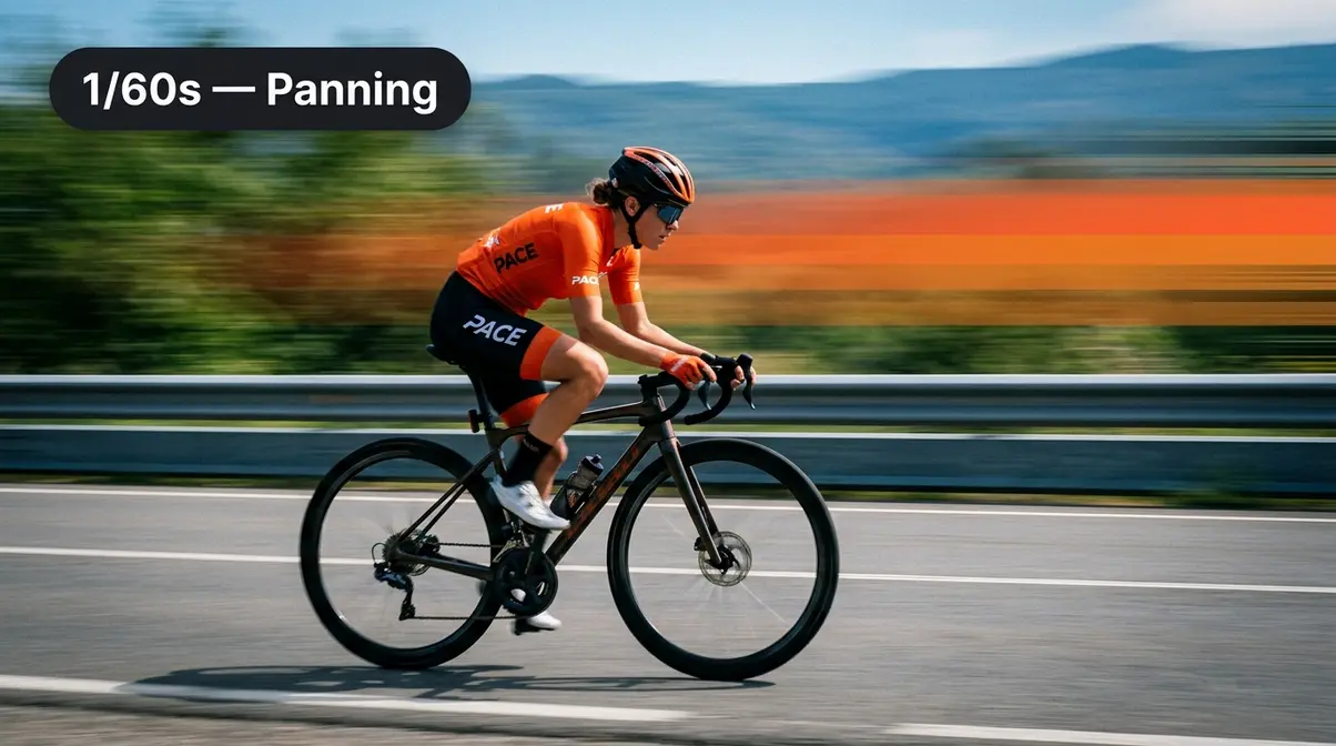 Panning photography technique showing cyclist sharp against streaked motion blur background at 1/60s shutter speed