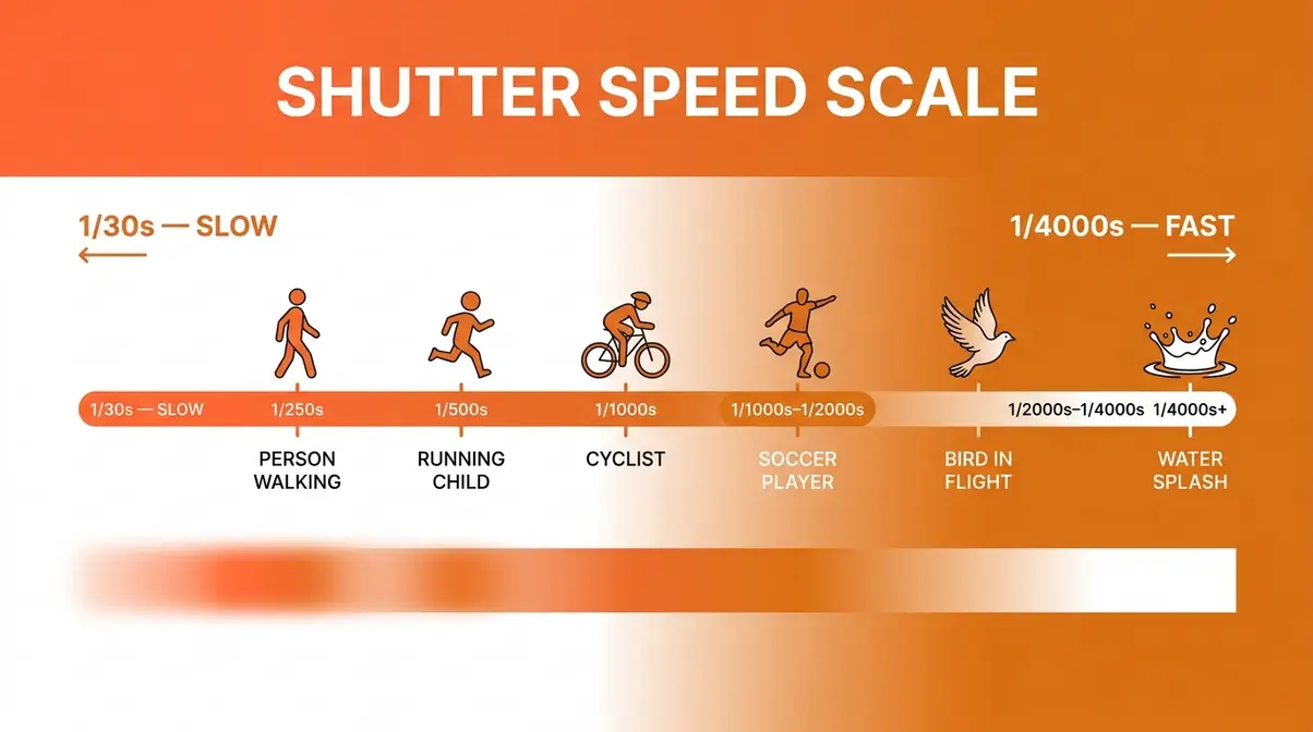 Visual shutter speed scale from 1/30s to 1/4000s showing which subjects freeze at each speed for motion photography