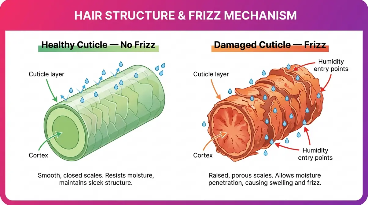 Hair cuticle diagram comparing healthy sealed cuticle versus damaged raised cuticle causing frizz
