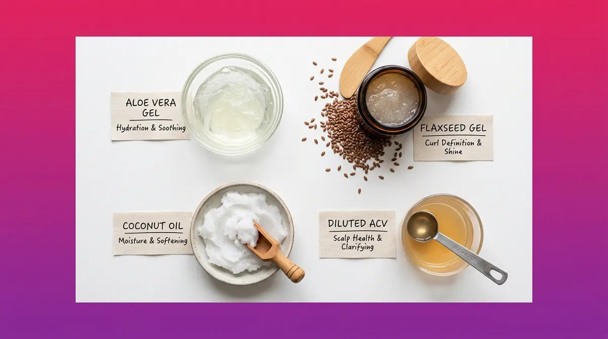 Natural ingredients for wavy hair enhancement showing aloe vera flaxseed gel and coconut oil