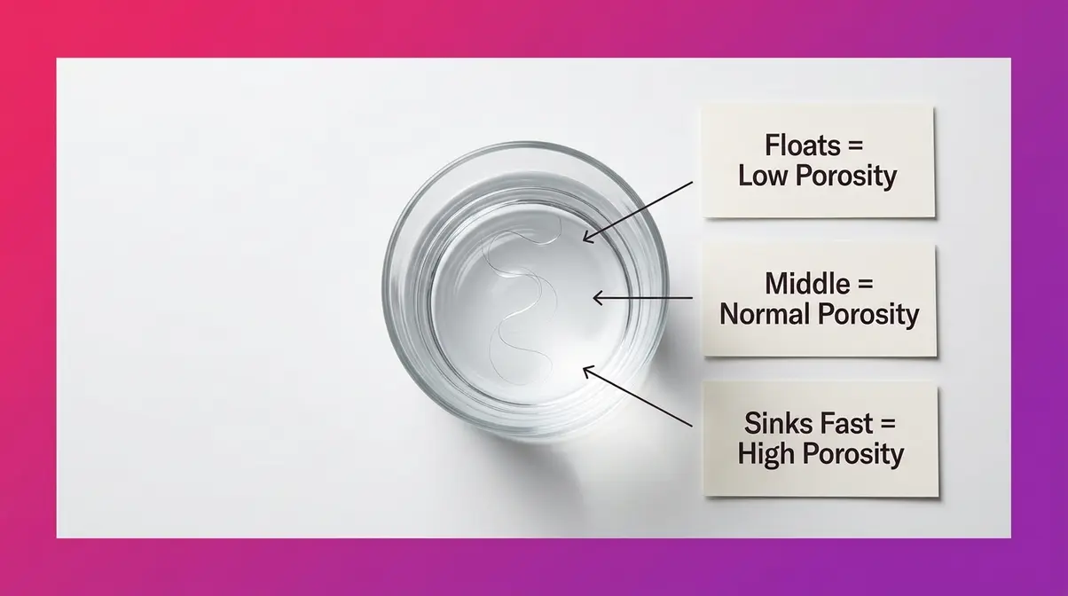Wavy hair porosity float test in glass of water showing high low and normal porosity results