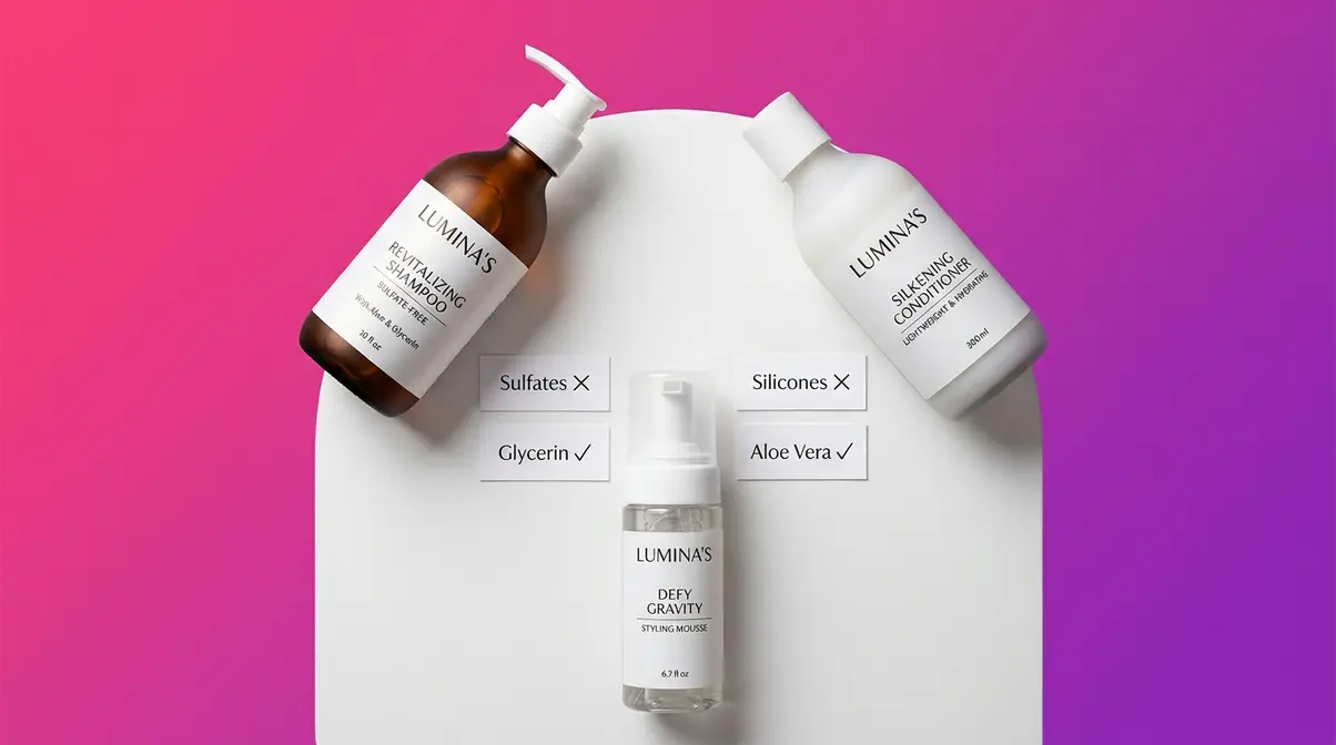 Wavy hair product selection flat lay showing sulfate-free shampoo conditioner and styling mousse