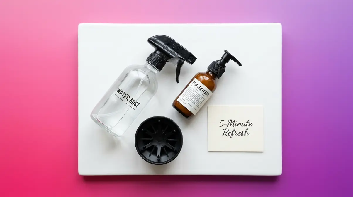 Wavy hair refresh routine tools showing spray bottle leave-in conditioner and diffuser
