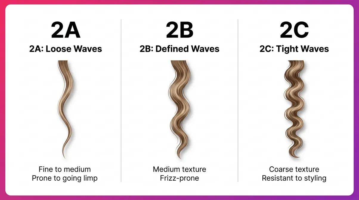 Wavy hair type 2A 2B 2C comparison chart showing strand shape differences for beginners