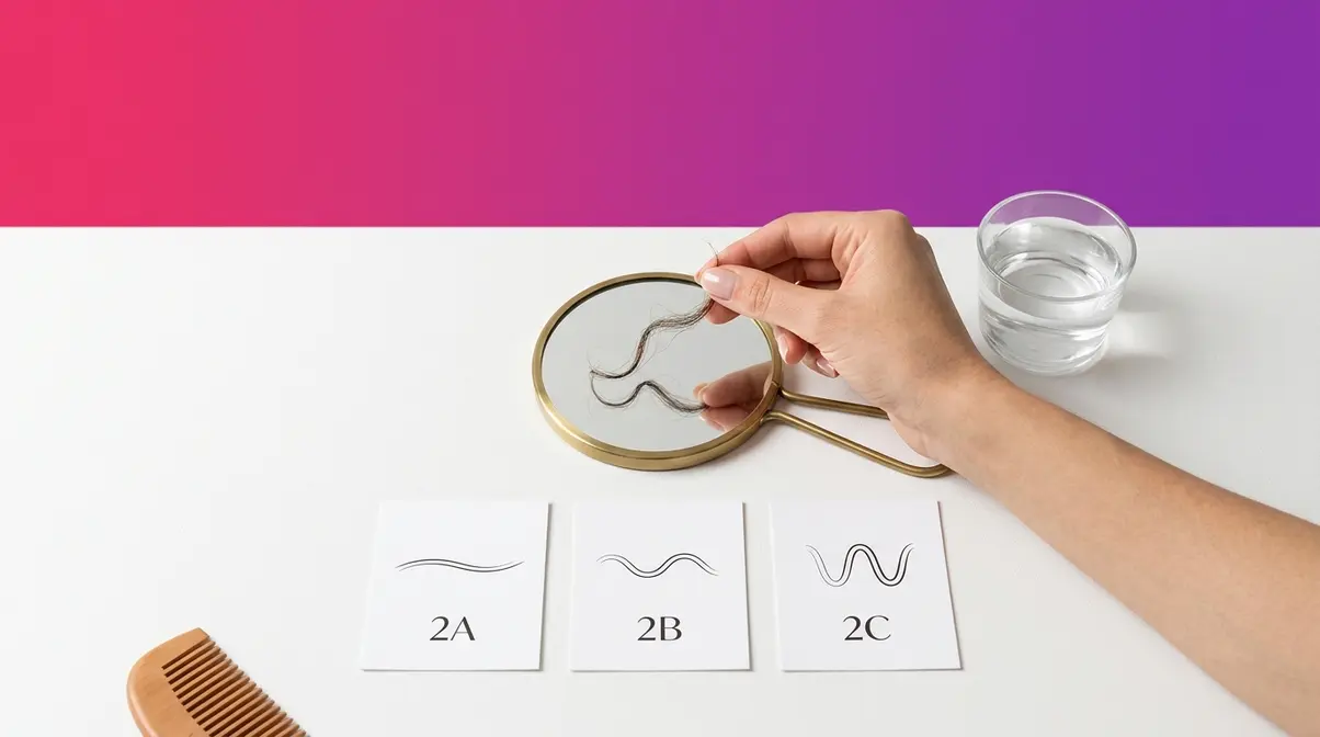 Wavy hair type identification self-test showing 2A 2B 2C wave pattern cards and mirror