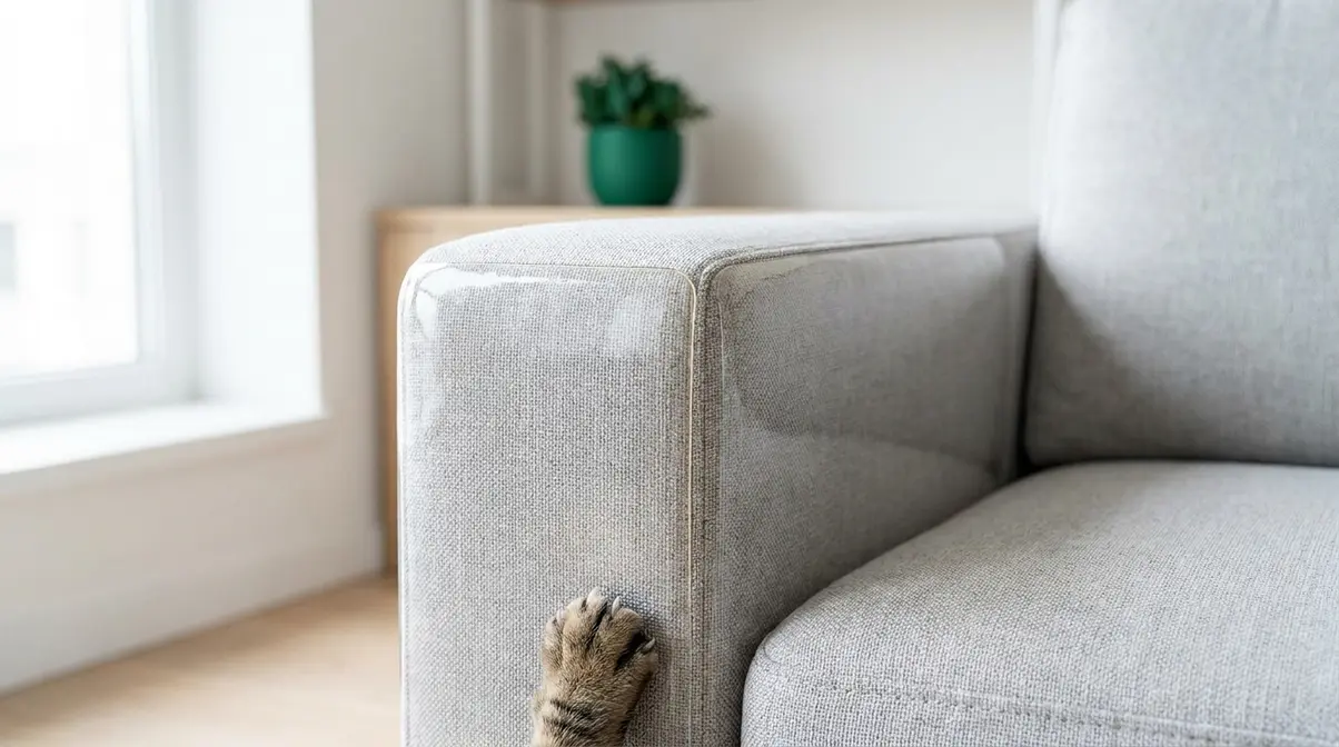 Anti-scratch film applied to sofa arm corner showing clean film edge and undamaged fabric beneath