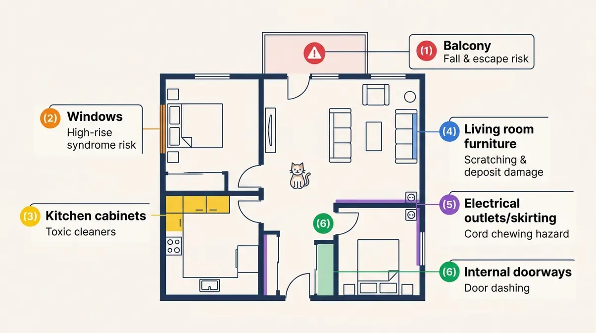 Overhead apartment floor plan showing six cat hazard zones: balcony, windows, cabinets, furniture, cords, and doorways