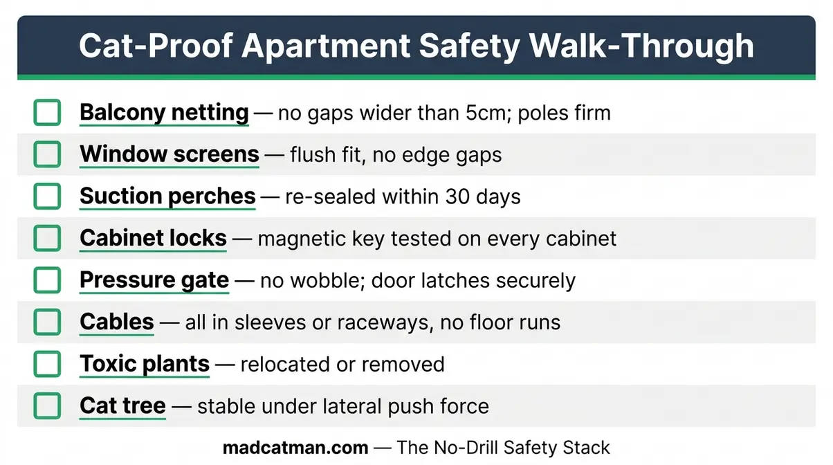 Printable 8-point cat-proof apartment safety checklist covering balcony, windows, cables, and cat tree stability