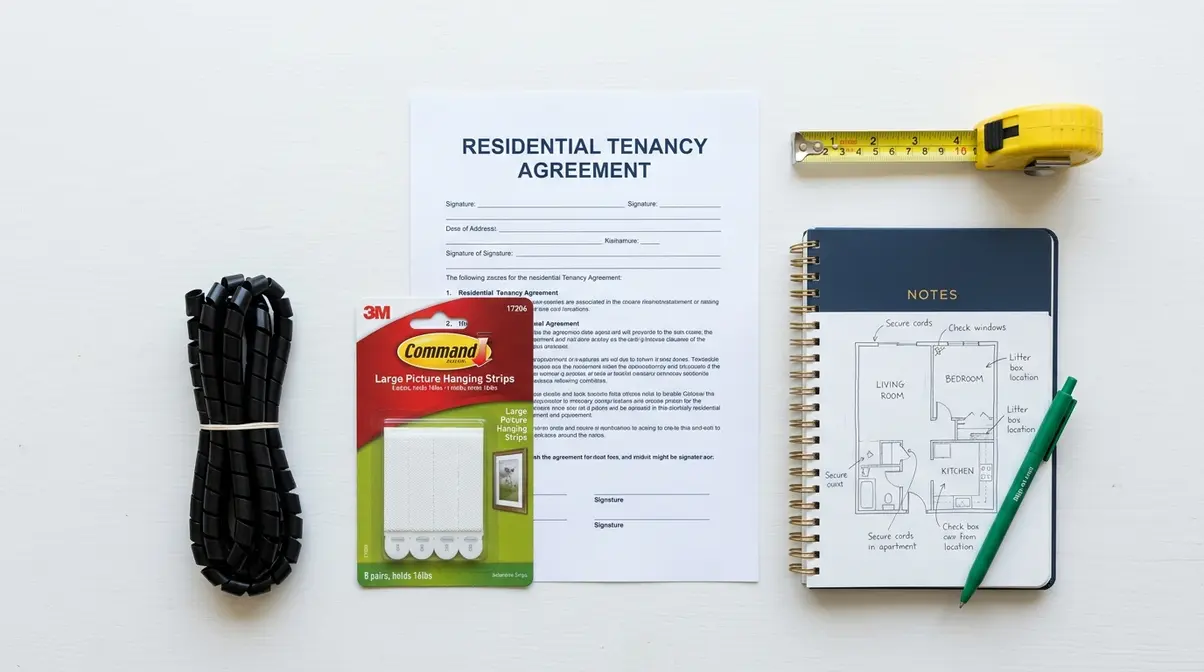 Cat-proofing preparation flat lay showing lease document, tape measure, Command strips, cable wrap, and notepad