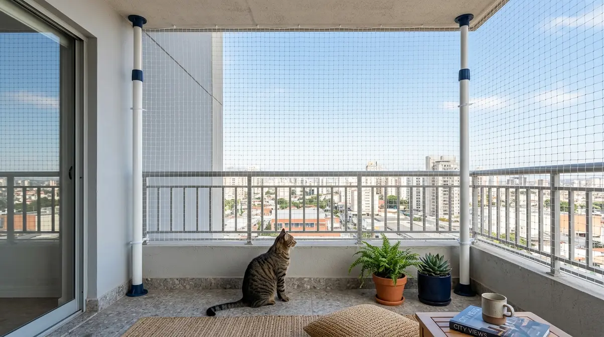 Cat-safe apartment balcony enclosed with tension-pole netting — tabby cat sitting safely inside the enclosure