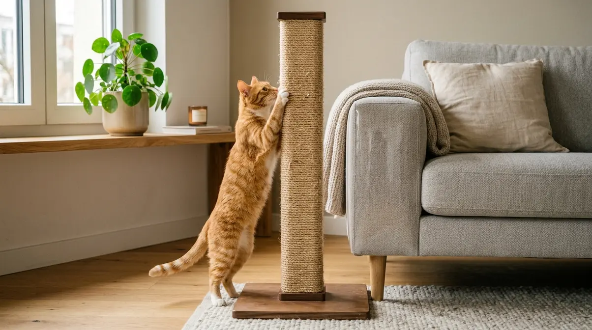 Ginger cat scratching tall sisal post positioned next to sofa — furniture redirection in rental apartment