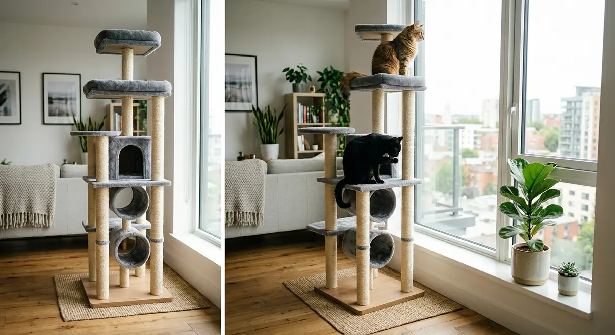 Two cats using tall freestanding cat tree positioned next to apartment window — no-drill vertical space solution