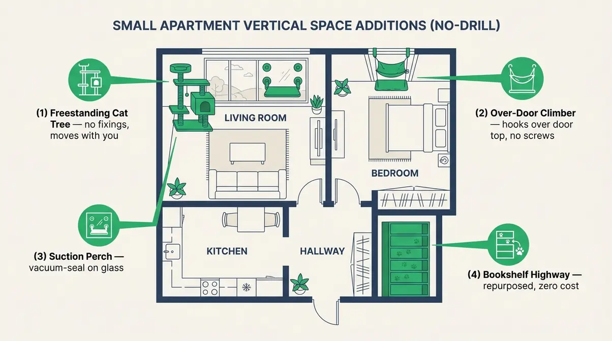 Apartment floor plan infographic showing four no-drill catification additions: cat tree, over-door climber, suction perch, bookshelf highway