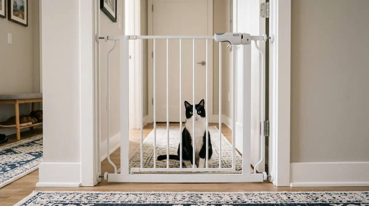 Pressure-mounted safety gate in apartment doorway with cat looking through bars — no drilling required