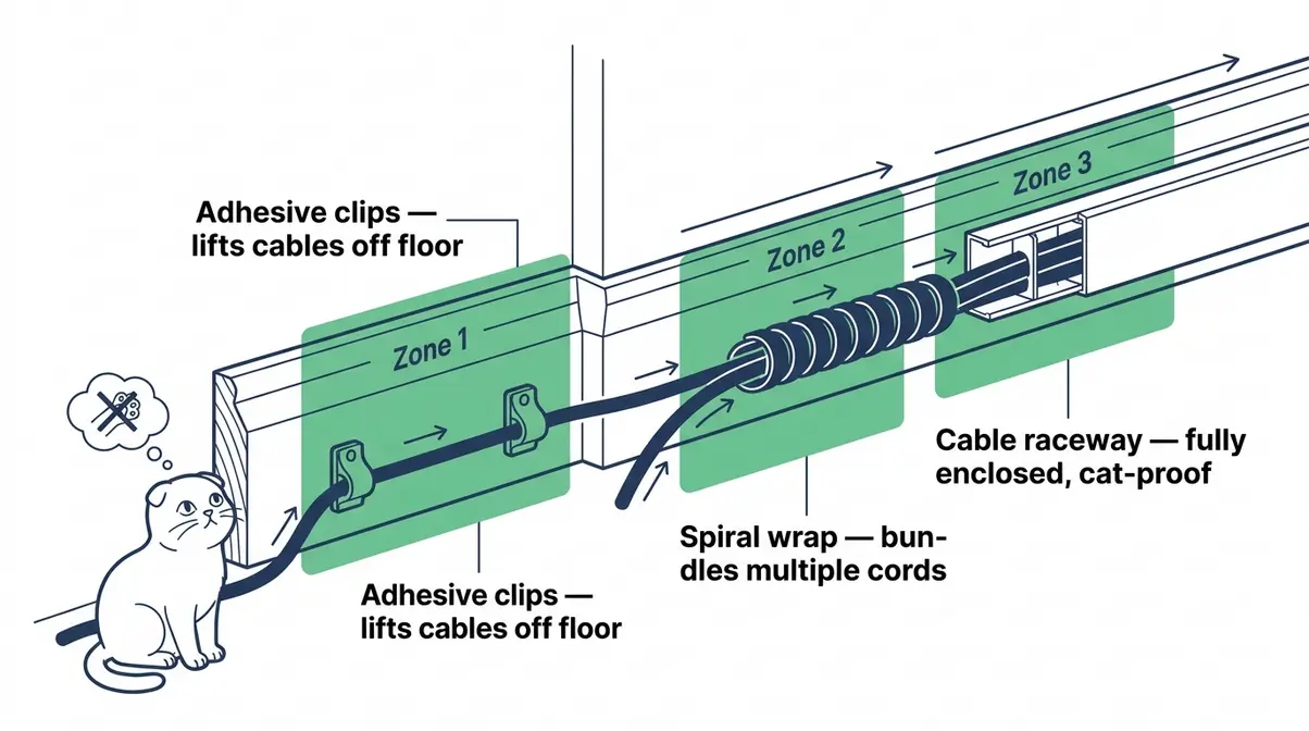 Illustrated diagram of skirting board cable management using adhesive clips, spiral wrap, and cable raceway