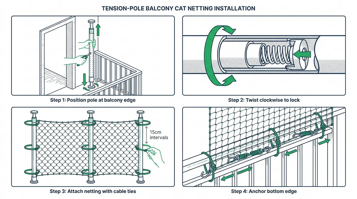 Four-step illustrated diagram for installing cat net on balcony using tension poles without drilling