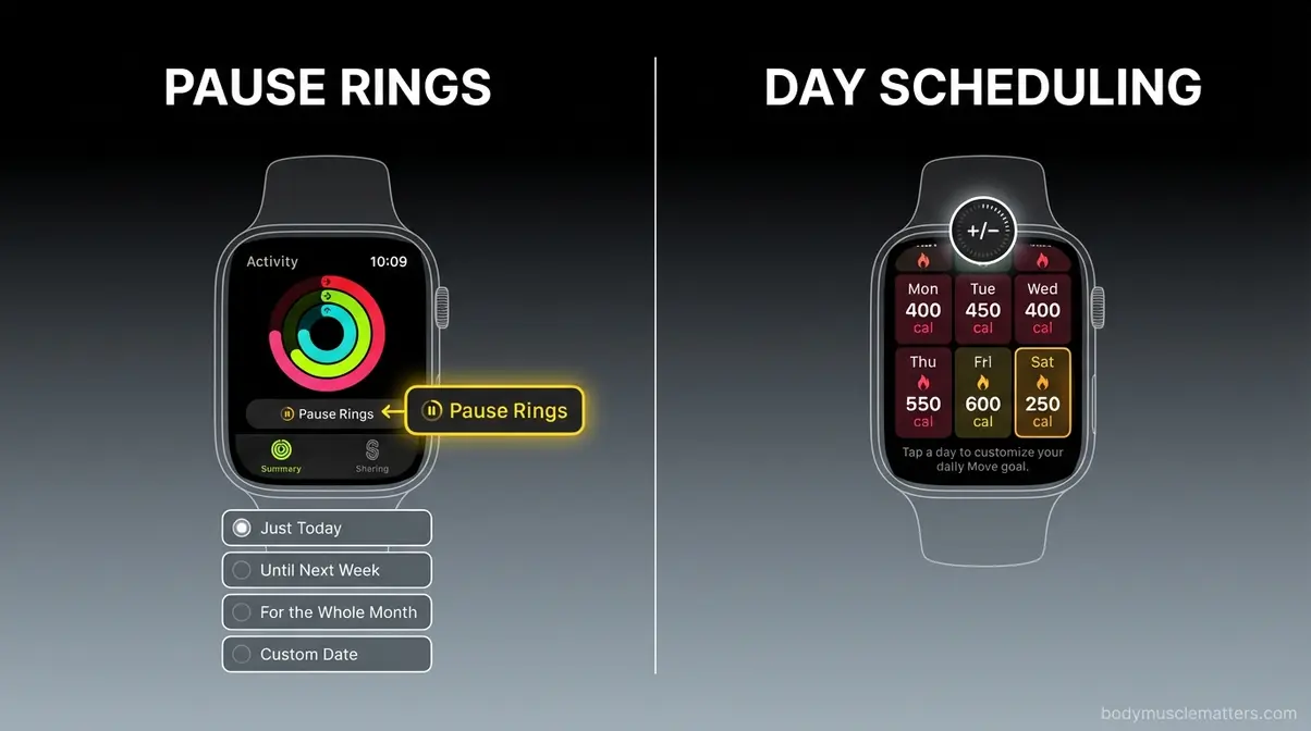 Diagram of watchOS 11 Pause Rings option and day-of-week goal scheduling on Apple Watch