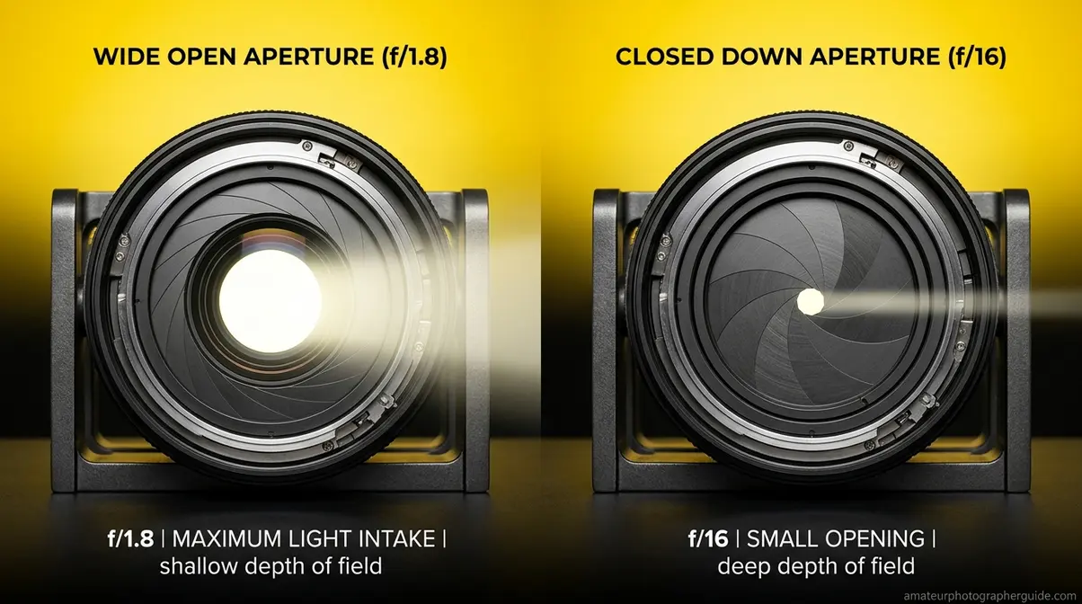 Camera lens aperture blades showing wide f/1.8 and narrow f/16 openings