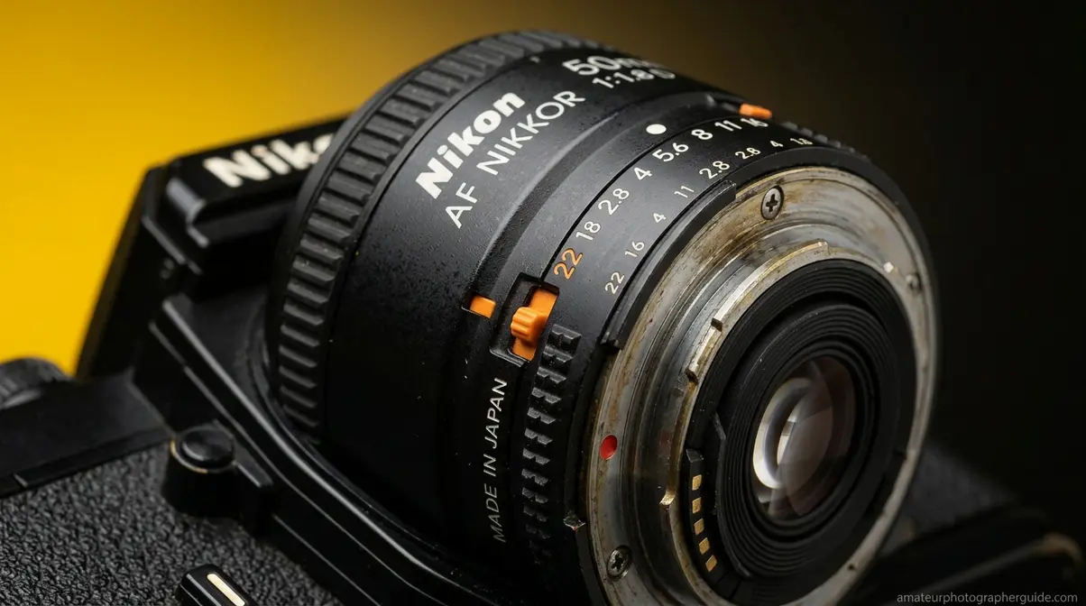 Legacy Nikon D-type lens with aperture ring locked at f/22