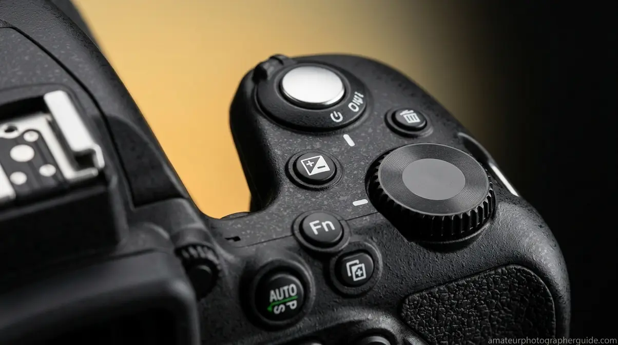 Nikon D3500 top panel showing exposure compensation button and rear command dial