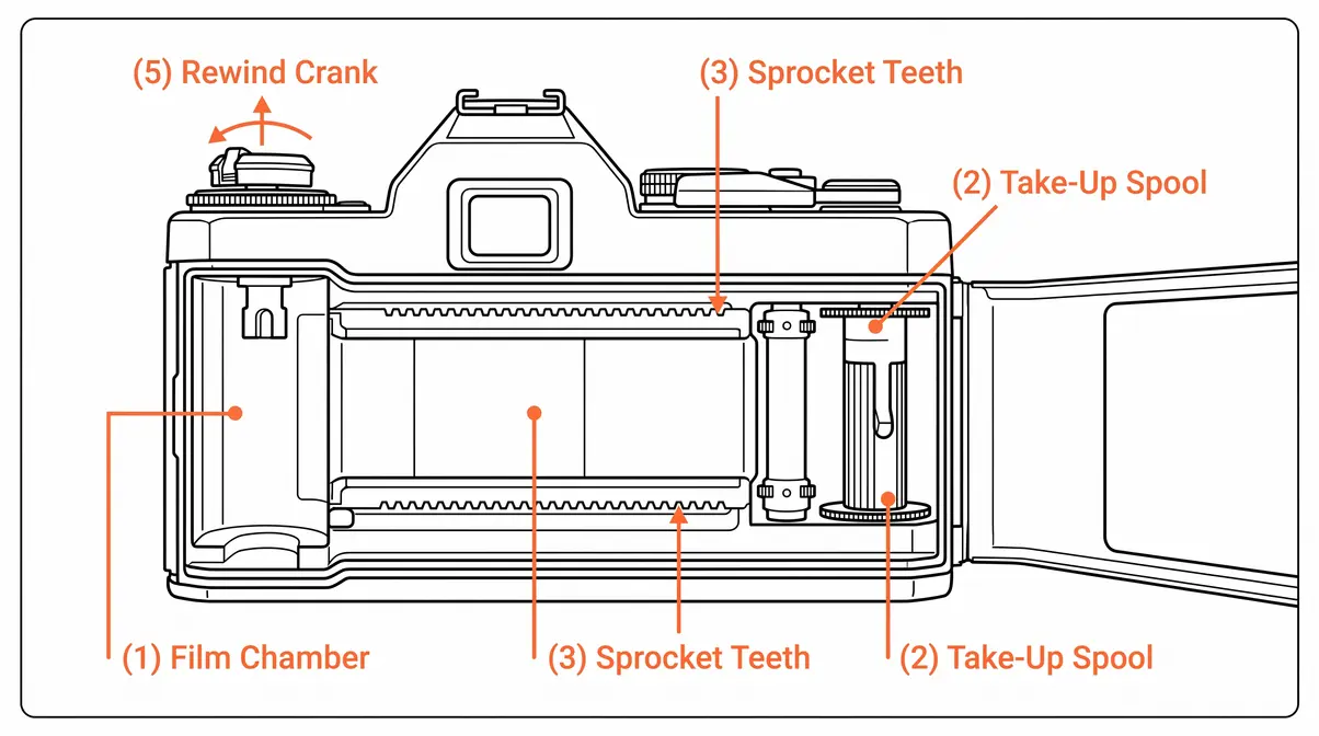 Labeled diagram showing the inside of a 35mm film camera with take-up spool, sprockets, and film channel