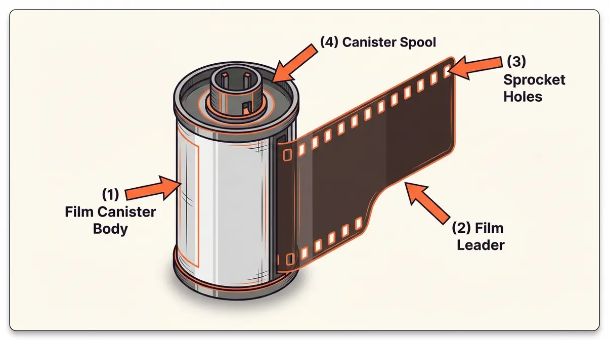 Labeled diagram of 35mm film canister showing film leader and sprocket holes for beginners