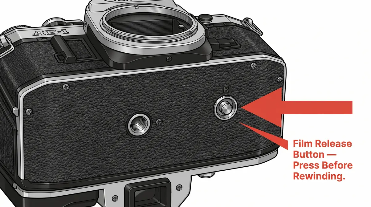 Canon AE-1 camera bottom with rewind release button highlighted with red arrow indicator